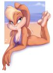  3_toes absurd_res anthro barefoot beach blonde_hair blue_eyes bottomless breasts buckteeth butt clothed clothing eyeshadow feet female fur hair hi_res lagomorph leporid lola_bunny looney_tunes makeup mammal rabbit seaside sebnmickarts solo tan_body tan_fur teeth toes warner_brothers 