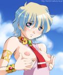  1girl armlet between_breasts blonde_hair blue_eyes blush bracelet breasts brooch cloud day grabbing inverted_nipples jewelry kantori necktie nia_teppelin nipples no_bra outdoors puffy_nipples short_hair sky small_breasts solo tengen_toppa_gurren_lagann 