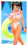  1girl bathing_suit beach black_hair breasts green_eyes innertube machino_henmaru multi_breast outdoors sky sling_bikini solo swimsuit tan tanline 