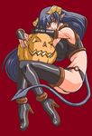  artist_request blue_hair boots brown_eyes copyright_request detached_sleeves horns pointy_ears pumpkin solo tail thigh_boots thighhighs 