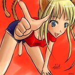  1girl animal_ears bangs bent_over blonde_hair blue_eyes breasts bursting_out cat_ears cat_tail catgirl censored cleavage denim denim_shorts erect_nipples flaccid foreshortening futanari long_hair looking_at_viewer lowres mosaic_censoring open_mouth penis red_shirt shirt short_shorts short_sleeves shorts smile solo spread_legs t-shirt tail 