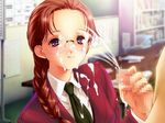  1boy 1girl censored cfnm classroom clothed_female_nude_male cum ejaculation facial game_cg glasses handjob heteor penis school solo_focus 