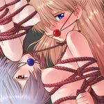  ayanami_rei ball_gag bdsm blue_eyes bondage bound bound_together breast_bondage breasts gag gagged kikumaru_bunta linked_collar medium_breasts multiple_girls neon_genesis_evangelion nude red_eyes rope shibari souryuu_asuka_langley upper_body 