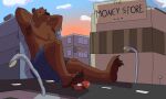  2021 3_toes 5:3 absurd_res anthro bank barefoot biped bottomwear brown_body brown_fur city claws clothing digital_media_(artwork) dusk feet fur hi_res howellthabear macro male mammal pawpads paws shaded shorts signature sitting smile solo toe_claws toes ursid 