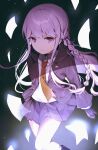  1girl absurdres bangs black_footwear black_gloves black_jacket black_ribbon boots braid brown_neckwear collared_shirt commentary_request danganronpa:_trigger_happy_havoc danganronpa_(series) feet_out_of_frame frown gloves hair_ornament hair_ribbon highres jacket kirigiri_kyouko knee_boots long_hair looking_at_viewer miniskirt multicolored multicolored_background necktie open_clothes open_jacket pleated_skirt purple_eyes purple_hair purple_skirt ribbon shirt side_braid single_braid skirt solo usanta white_shirt 