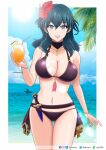  bare_shoulders beach bikini breasts byleth_(fire_emblem) byleth_(fire_emblem)_(female) cleavage drink fire_emblem fire_emblem:_three_houses fire_emblem_heroes holding holding_drink large_breasts leoanimet looking_at_viewer midriff navel summer swimsuit 