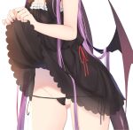  1girl ass_visible_through_thighs black_dress black_panties brown_wings commentary_request demon_girl demon_tail demon_wings dress dress_lift frilled_dress frills groin head_out_of_frame lifted_by_self long_hair nail_polish original panties pink_nails purple_hair see-through side-tie_panties simple_background solo standing tail twintails underwear usagimiko very_long_hair white_background wings 