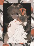  1girl animal bangs black_background brown_hair cat dark_skin dark_skinned_female expressionless grey_eyes hair_between_eyes hair_ribbon halftone highres holding holding_animal holding_cat keishin long_hair long_sleeves looking_at_viewer original red_ribbon ribbon solo 