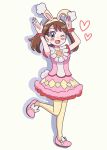  1girl animal_ears arms_up bangs blush brown_hair bunny_ears bunny_pose bunny_tail dress eyebrows_visible_through_hair fake_animal_ears heart highres leg_up looking_at_viewer may_(pokemon) miin_(toukotouya) one_eye_closed pantyhose pink_dress pink_footwear pokemon pokemon_(game) pokemon_masters_ex pokemon_oras shadow solo tail white_background wrist_cuffs yellow_headband yellow_legwear 