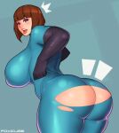  1girl ass bent_over black_gloves bodysuit breasts brown_hair commentary curvy danny_phantom foxicube gloves huge_breasts lips maddie_fenton purple_eyes short_hair solo surprised thick_thighs thighs torn_clothes 