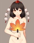  1girl bangs black_hair breasts collarbone commentary completely_nude covering covering_breasts fan grey_hair groin hat hauchiwa highres holding holding_fan looking_at_viewer medium_breasts medium_hair miyo_(ranthath) nude out_of_frame pom_pom_(clothes) red_eyes shameimaru_aya simple_background solo tokin_hat touhou upper_body 