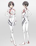  1girl absurdres arm_at_side ass black_hair bodysuit breasts commentary cosplay english_commentary evangelion:_3.0+1.0_thrice_upon_a_time full_body hand_on_hip highres interface_headset kiritzugu looking_at_viewer mikasa_ackerman multiple_views neon_genesis_evangelion pilot_suit plugsuit rebuild_of_evangelion scar shikinami_asuka_langley shikinami_asuka_langley_(cosplay) shingeki_no_kyojin short_hair simple_background souryuu_asuka_langley turtleneck white_bodysuit 
