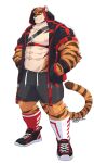  2021 abs anthro bottomwear clothed clothing felid fur hoodie kamyuelo legwear male mammal muscular muscular_anthro muscular_male nipples open_clothing open_hoodie open_topwear pantherine pecs simple_background solo stripes tiger topwear 