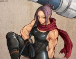  1girl biceps black_gloves black_hair breasts covered_abs dated gloves hair_bun hair_ornament hair_stick hammer holding holding_hammer huge_weapon large_breasts looking_at_viewer metal_slug metal_slug_attack muscular muscular_female red_scarf sasisage scarf short_hair sitting skin_tight solo weapon yellow_eyes yoshino_(metal_slug) 