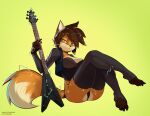  2021 absolute_territory anthro biped breasts canid canine cleavage clothed clothing ear_piercing electric_guitar electricity feliscede female fluffy fluffy_tail fox fur guitar hair half-closed_eyes hi_res legwear looking_at_viewer mammal musical_instrument narrowed_eyes piercing plucked_string_instrument simple_background sitting solo string_instrument thigh_highs 