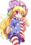  1girl american_flag american_flag_legwear american_flag_shirt bangs blonde_hair breasts closed_mouth clownpiece cowboy_shot eyebrows_visible_through_hair fairy_wings frilled_shirt_collar frills hair_between_eyes hat isu_(is88) jester_cap leggings long_hair looking_at_viewer neck_ruff pantyhose pink_eyes polka_dot polka_dot_headwear purple_headwear shirt simple_background small_breasts smile solo standing star_(symbol) star_print striped striped_legwear striped_shirt touhou white_background wings 