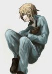  1boy baccano! black_footwear blonde_hair brown_eyes brown_gloves clenched_teeth collarbone floating gloves graham_spector highres male_focus mosomosomoso painterly parted_lips pointing solo teeth 