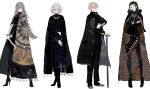  1boy 3girls absurdres bangs black_footwear black_hair black_pants blonde_hair blunt_bangs cane cape grey_eyes grey_hair high_heels highres knife long_hair long_sleeves looking_at_viewer mon_(monmon2133) multiple_girls original pants print_cape shoes short_hair simple_background standing white_background 