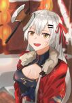  1girl absurdres axe bangs breasts china_dress chinese_clothes cleavage dress eyebrows_visible_through_hair fur-trimmed_jacket fur_trim girls_frontline grey_hair hair_ribbon highres jacket long_hair looking_at_viewer medium_breasts muteppona_hito open_clothes open_jacket open_mouth red_jacket red_ribbon ribbon silver_hair simple_background solo svd_(girls_frontline) sweatdrop yellow_eyes 