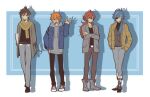  4boys alternate_costume bangs blue_hair boots brown_hair casual closed_eyes closed_mouth crossed_arms denim denim_jacket diluc_(genshin_impact) genshin_impact hair_between_eyes jacket jewelry kaeya_(genshin_impact) long_hair long_sleeves male_focus multicolored_hair multiple_boys open_mouth orange_hair pants ponytail red_hair scarf shoes simple_background single_earring sio_genshin smile sneakers streaked_hair tartaglia_(genshin_impact) two-tone_background waving zhongli_(genshin_impact) 