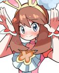 1girl animal_ears bangs blush brown_hair bunny_ears bunny_pose choker dress embarrassed fake_animal_ears hair_between_eyes hyou_(hyouga617) looking_at_viewer may_(pokemon) official_alternate_costume pokemon pokemon_(game) pokemon_masters_ex pokemon_oras sweat white_background wrist_cuffs 