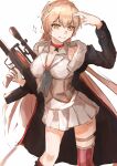  1girl absurdres assault_rifle asymmetrical_legwear black_jacket blonde_hair braid breasts choker cleavage closed_mouth corset eyebrows_visible_through_hair feet_out_of_frame french_braid girls_frontline grey_skirt gun hand_in_hair highres holding holding_weapon jacket long_hair looking_at_viewer medium_breasts muteppona_hito open_clothes open_jacket ots-14 ots-14_(girls_frontline) red_choker rifle shirt simple_background skirt smile solo standing star_(symbol) star_choker striped striped_legwear weapon white_shirt yellow_eyes 