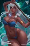  1girl armlet asymmetrical_hair atlantis:_the_lost_empire bare_shoulders bikini blue_bikini blue_eyes breasts contrapposto cowboy_shot dark_skin dark_skinned_female english_commentary facial_mark highleg highleg_bikini highres holding holding_polearm holding_weapon jewelry kidagakash large_breasts lips long_hair looking_at_viewer navel parted_lips patreon_username pendant polearm prywinko signature single_earring swimsuit very_long_hair weapon white_hair wide_hips 