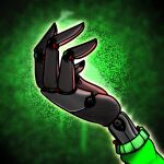  1:1 3_fingers absurd_res ambiguous_gender bendu bendu_(character) clothing elemental_manipulation fingers fire fire_manipulation glowing green_background green_clothing hi_res machine metal robot robotic_arm screws simple_background solo 