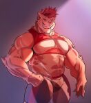  2020 5_fingers anthro big_muscles bottomwear bulge claws clothing felid feline fingers grin hair hi_res humanoid_hands male mammal matcharyu muscular muscular_anthro muscular_male pink_nose shirt shorts simple_background smile solo standing tank_top tight_clothing topwear 