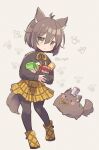  1girl animal animal_ear_fluff animal_ears aruya_(flosrota) black_legwear black_shirt brown_hair dog dog_ears dog_tail expressionless food full_body highres long_sleeves original pantyhose paw_background plaid plaid_skirt pocky shirt skirt tail 