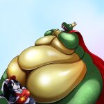  1:1 2018 anthro belly big_belly big_pecs biped cape cape_only clothed clothing crocodile crocodilian crocodylid crown digital_media_(artwork) domestic_cat donkey_kong_(series) fangs felid feline felis green_body green_scales hi_res huge_thighs hyper hyper_belly king_k._rool kremling macro male mammal morbidly_obese morbidly_obese_anthro morbidly_obese_male mostly_nude nintendo obese obese_anthro obese_male open_mouth open_smile overweight overweight_anthro overweight_male pecs plantigrade reptile scales scalie sharp_teeth shenzel shenzel_(shenzel) size_difference smile solo teeth thick_thighs video_games 