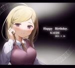  1girl adjusting_hair ahoge akamatsu_kaede bangs beamed_eighth_notes blonde_hair blush breasts character_name collared_shirt commentary_request danganronpa_(series) danganronpa_v3:_killing_harmony dated eighth_note hair_ornament hand_in_hair hand_up happy_birthday highres large_breasts letterboxed long_hair long_sleeves looking_at_viewer musical_note musical_note_hair_ornament necktie parted_lips pink_vest purple_eyes quarter_note shirt smile solo sweater_vest teeth usanta vest white_shirt 