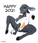  2020 anthro bedroom_eyes beverage biped bovid bovine breasts cattle cleavage clothed clothing english_text feliscede female half-closed_eyes hi_res holding_object looking_at_viewer mammal narrowed_eyes seductive sitting smile solo spread_legs spreading tea text 