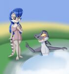  3_toes 5_fingers anthro belly big_breasts blue-tongued_skink blue_hair bluebell_(kendraeevee) blurred_background breasts brown_eyes duo facial_hair feet female fingers fish hair hi_res hot_spring kendratheshinyeevee lizard long_gone_gulch mako male male/female marine mustache narrowed_eyes nude reptile romantic_ambiance scalie scar shark skink striped_body stripes toes tongue towel towel_only water white_belly wide_hips 