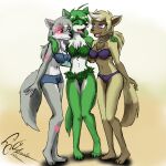  anthro ariah_(bloodline) bikini black_nose bloodline bloodline_(webcomic) breasts canid canine canis chest_tuft clothed clothing dekaisen elane_(bloodline) female fur green_body group hair hi_res jewelry leaf_bikini leaf_clothing lupa_(bloodline) mammal multicolored_body multicolored_fur necklace simple_background smile swimwear tuft webcomic_character wolf 