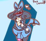  &lt;3 anthro balls bandage blue_balls blue_penis blush blush_lines candid canid canine flustered foreskin fur genitals glans humanoid_genitalia looking_away lucario male mammal nintendo penis pikachurin pink_glans pok&eacute;mon pok&eacute;mon_(species) simple_background video_games wide_hips 