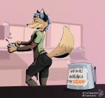  anthro apron barista beverage bottomwear butt canid canine clothing coffee craft_rabbit_(artist) fox hi_res kitchen legwear male mammal patchcraft patchfix_fox profile_view raised_tail shorts small_horns solo tights workplace 