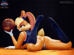  3d_(artwork) anthro ball basketball basketball_(ball) basketball_uniform breasts butt clothing digital_media_(artwork) female footwear gloves handwear hi_res inside jersey lola_bunny looney_tunes lying narrowed_eyes nativefall on_front panties scut_tail socks solo space_jam space_jam:_a_new_legacy sportswear thick_thighs under_boob underwear uniform warner_brothers 