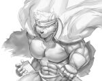  2021 5_fingers accessory anthro big_muscles bottomwear cape chest_tuft clothing fingers greyscale headband horkeukamui humanoid_hands knife loincloth male monochrome muscular muscular_anthro muscular_male simple_background solo tokyo_afterschool_summoners tuft video_games white_background yukihoshiak 
