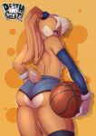  anthro ball basketball blonde_hair blue_eyes bottomwear breasts butt clothed clothing female fur hair hi_res hotpants lagomorph leporid lola_bunny looking_back looney_tunes mammal mr._deathcat rabbit shorts side_boob solo space_jam tan_body tan_fur topless warner_brothers 