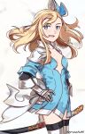  1girl :d blonde_hair blue_bow blue_dress blue_eyes bow bravely_default_(series) cowboy_shot dress edea_lee gauntlets graysheartart hair_bow hand_on_hip highres katana long_hair open_mouth plunging_neckline sheath sheathed short_dress smile solo sword thighhighs weapon white_background 