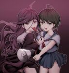  2girls absurdres ahoge bangs black_background black_hair black_legwear black_skirt braid brown_eyes brown_hair commentary_request danganronpa_(series) danganronpa_another_episode:_ultra_despair_girls fukawa_touko glasses gradient gradient_background hair_ornament hairclip highres holding holding_megaphone long_hair long_skirt looking_at_viewer megaphone mole multiple_girls naegi_komaru neckerchief open_mouth pink_background school_uniform scissors serafuku short_hair short_sleeves skirt thighhighs tongue tongue_out torn_clothes torn_skirt twin_braids underwear upper_teeth usanta 