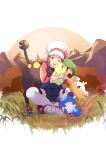  1girl absurdres blue_overalls brown_hair chikorita commentary gen_2_pokemon girafarig grass hat hat_ribbon highres holding holding_pokemon long_hair lyra_(pokemon) marill mountainous_horizon one_eye_closed open_mouth outdoors overalls pokemon pokemon_(creature) pokemon_(game) pokemon_hgss red_shirt ribbon shirt shoes sitting sleeves_past_elbows smile starter_pokemon sylux thighhighs twintails white_headwear white_legwear yellow_eyes 