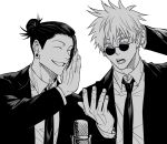  2boys ^_^ arm_behind_head bangs blue_eyes closed_eyes collared_shirt dress_shirt ear_piercing formal getou_suguru gojou_satoru greyscale grin hair_between_eyes hair_bun hair_pulled_back hand_up jacket jujutsu_kaisen long_sleeves male_focus manzai microphone monochrome multiple_boys necktie open_mouth piercing round_eyewear shirt short_hair simple_background smile spot_color suit sunglasses tekla upper_body 