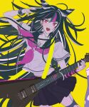  1girl :d \m/ arm_up bangs belly_chain black_hair black_nails blue_hair blush bracelet collarbone commentary danganronpa_(series) danganronpa_2:_goodbye_despair ear_piercing electric_guitar floating_hair grey_shirt guitar hair_horns highres instrument jewelry leg_tattoo leg_up lip_piercing long_hair looking_at_viewer midriff mioda_ibuki multicolored_hair navel neckerchief necklace open_mouth piercing pink_eyes pink_hair pleated_skirt ring sailor_collar scar school_uniform scrunchie serafuku shirt short_sleeves skirt smile solo stitches tattoo thighhighs torn_clothes torn_legwear upper_teeth vo1ez white_hair wrist_scrunchie yellow_background 