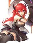  akizone arknights breasts cleavage demon_girl demon_horns dress duplicate highres horns jacket kneehighs long_hair looking_at_viewer red_hair sitting surtr_(arknights) thighhighs 