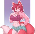  abs anthro bottomwear breasts canid canine cleavage clothed clothing crop_top cute_fangs cutoffs denim denim_clothing dobrota female fluffy fluffy_tail fox hair hand_on_hip hi_res hoodie kemono looking_at_viewer mammal midriff muscular muscular_female red_eyes regys_(carp) shirt shorts smile solo topwear 