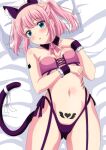  1girl animal_ears breasts cat_ears cat_tail chiyoda_momo commentary_request dbmaster detached_collar fake_animal_ears green_eyes highres looking_at_viewer lying machikado_mazoku navel on_back pink_hair ponytail scar short_hair small_breasts solo tail 