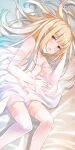  1girl arm_behind_head arm_up bangs bare_shoulders bed_sheet blonde_hair blue_hair comah dress elbow_gloves eyebrows_visible_through_hair gloves gradient_hair highres long_hair looking_at_viewer lying multicolored_hair on_side open_mouth original red_eyes solo strap_slip thighhighs white_dress white_gloves white_legwear 