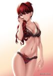 1girl bangs blush bra breasts cleavage collarbone cowboy_shot excaliblader eyebrows_visible_through_hair frilled_bra frills highres holding lingerie long_hair looking_at_viewer medium_breasts navel panties persona persona_5 persona_5_the_royal ponytail red_bra red_hair red_panties simple_background solo standing thighs twitter_username underwear underwear_only yoshizawa_kasumi 